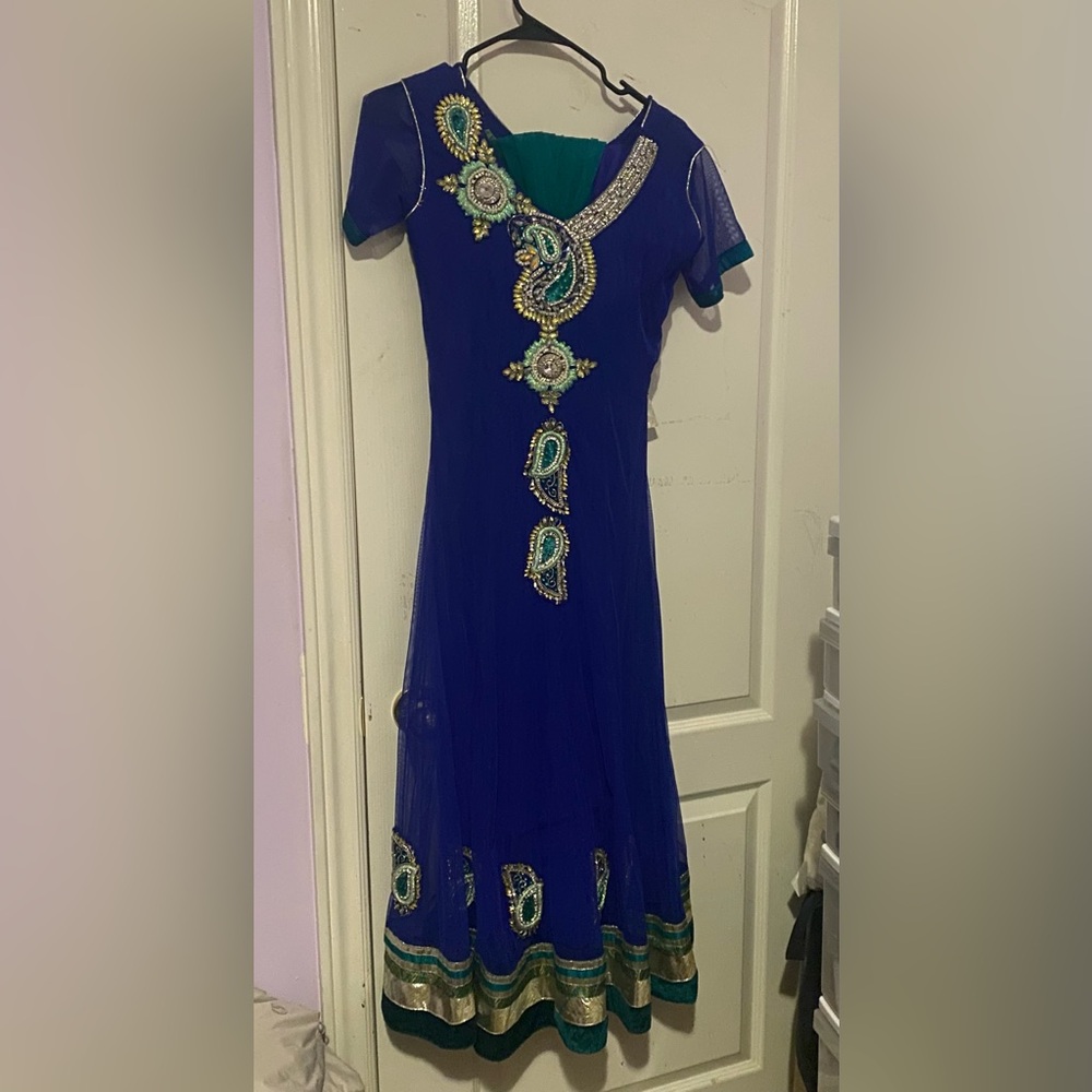 Elegant blue and green Anarkali dress
